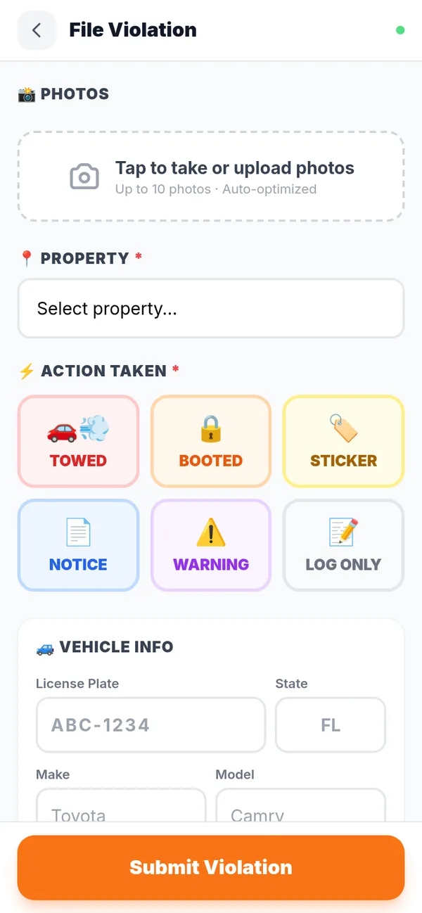 Filing a violation: photos, property, action taken, and vehicle info on one mobile screen