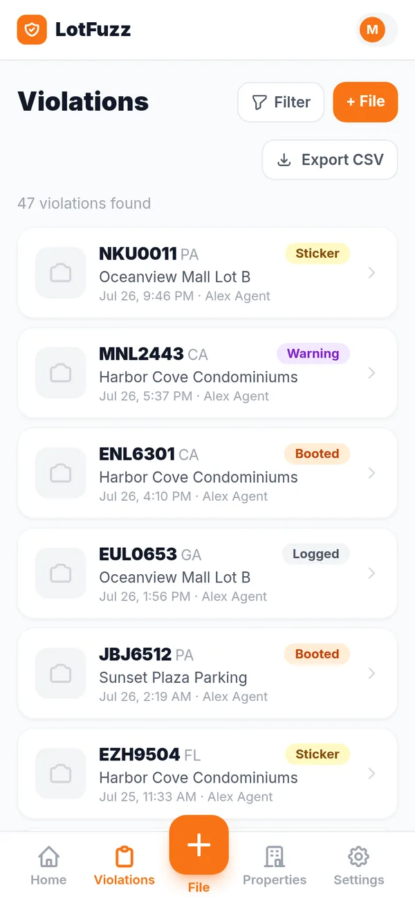 Searchable violation history list with status badges and CSV export
